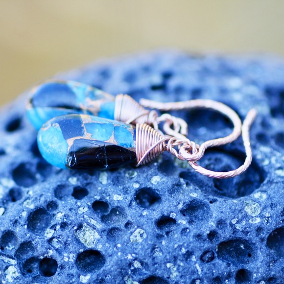 Natural Obsidian Copper Turquoise Earrings Handmade 14k Rose Gold Filled - Picture 3 of 12